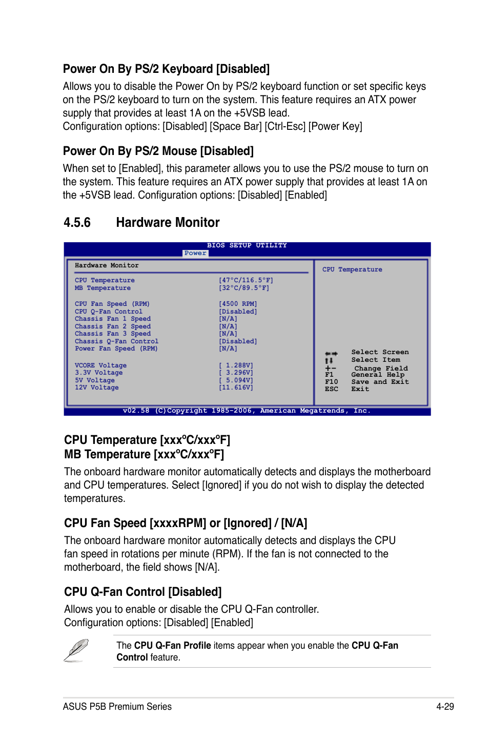 6 hardware monitor, Power on by ps/2 keyboard [disabled, Power on by ps/2 mouse [disabled | Cpu q-fan control [disabled | Asus P5B User Manual | Page 101 / 188