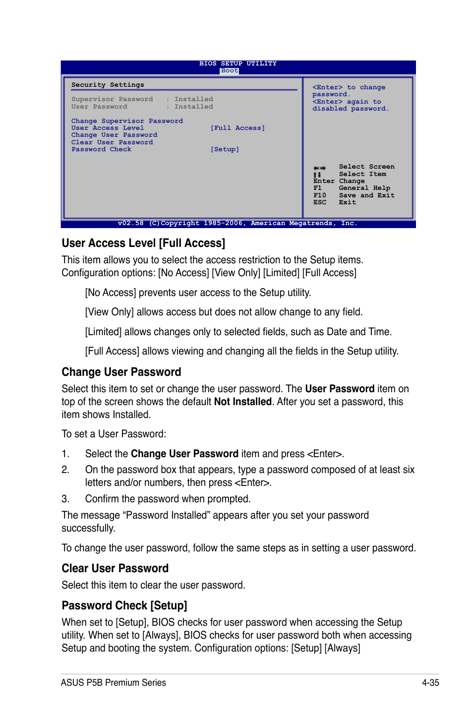 User access level [full access, Change user password, Clear user password | Password check [setup, Select this item to clear the user password | Asus P5B User Manual | Page 107 / 188