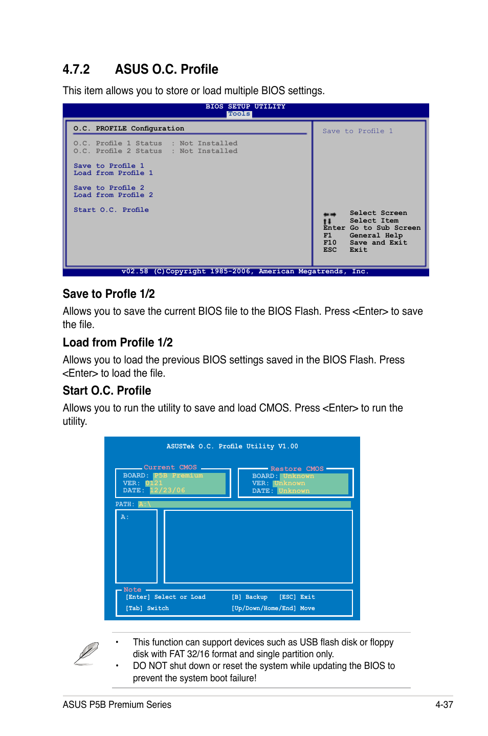 2 asus o.c. profile, Save to profle 1/2, Load from profile 1/2 | Start o.c. profile | Asus P5B User Manual | Page 109 / 188