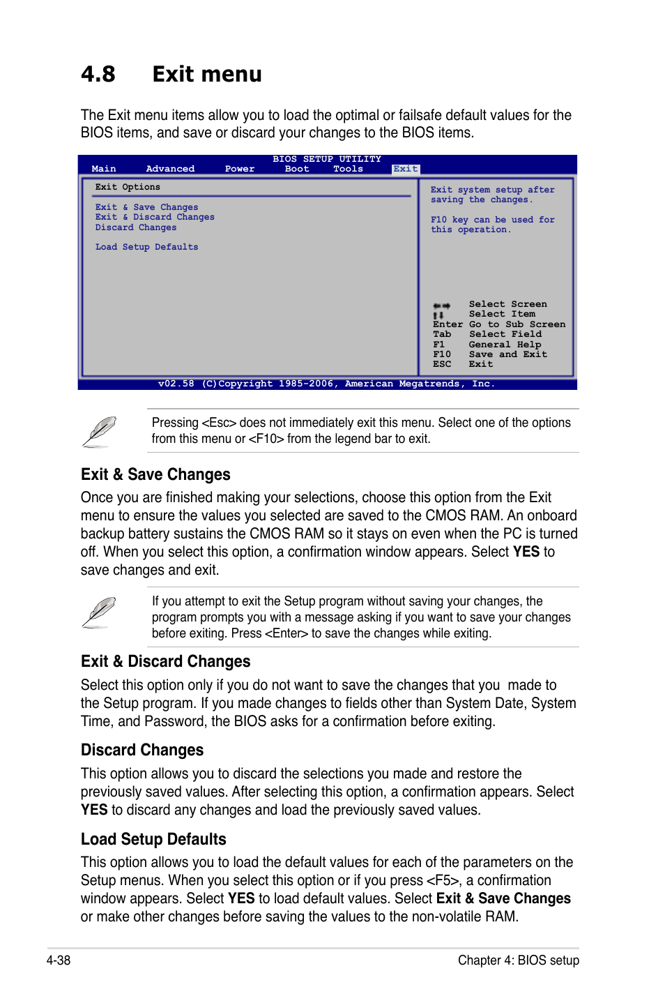 8 exit menu, Exit & save changes, Exit & discard changes | Discard changes, Load setup defaults | Asus P5B User Manual | Page 110 / 188