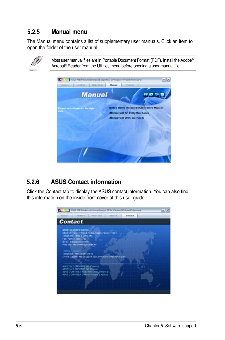 5 manual menu, 6 asus contact information | Asus P5B User Manual | Page 118 / 188