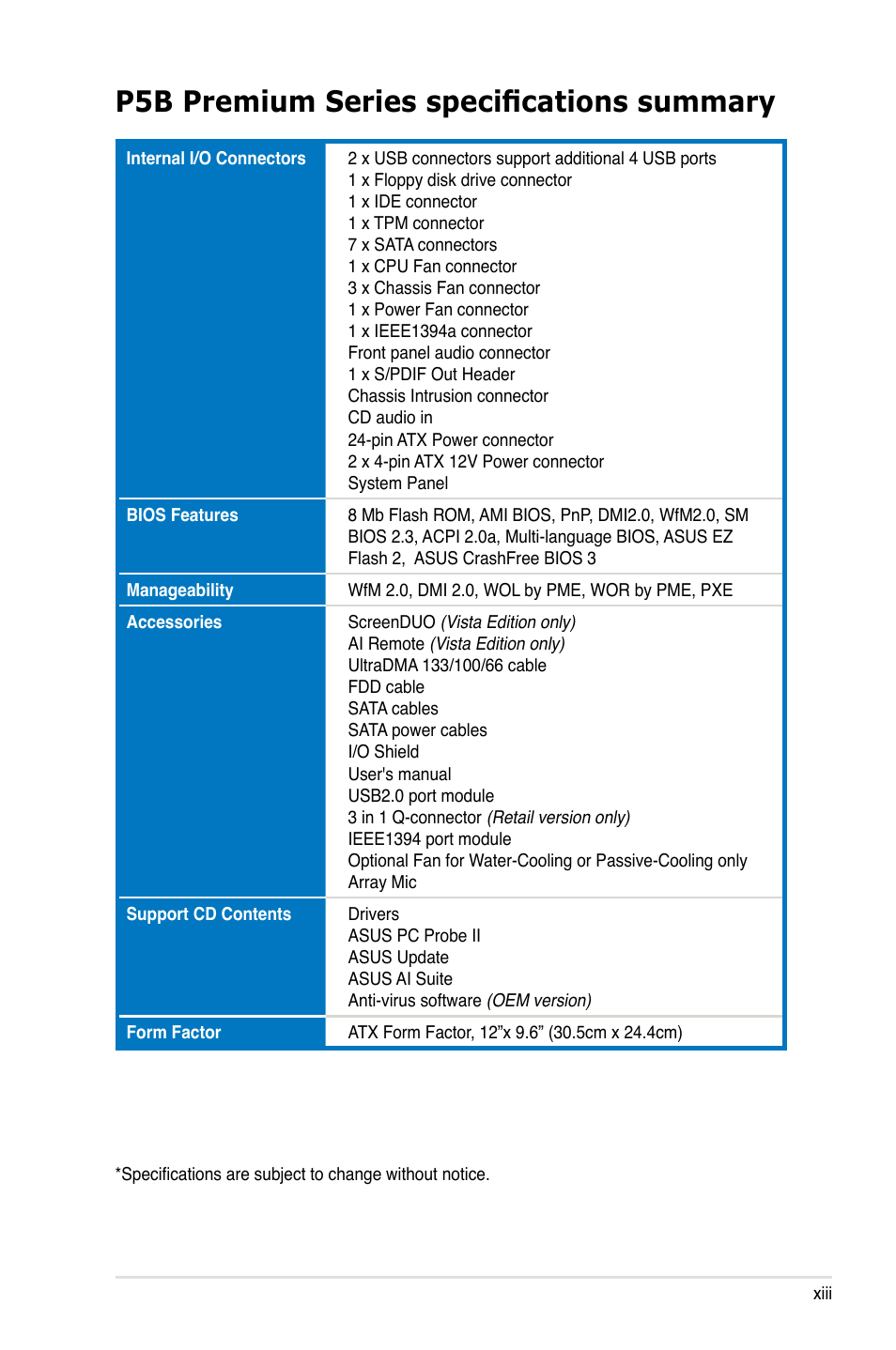 P5b premium series specifications summary | Asus P5B User Manual | Page 13 / 188