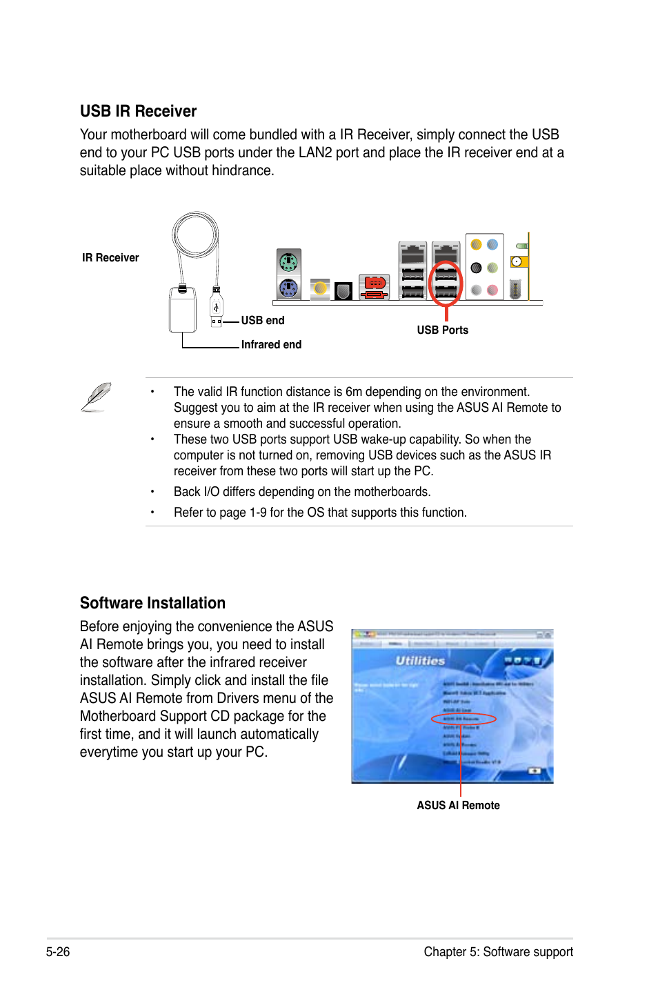 Usb ir receiver, Software installation | Asus P5B User Manual | Page 138 / 188