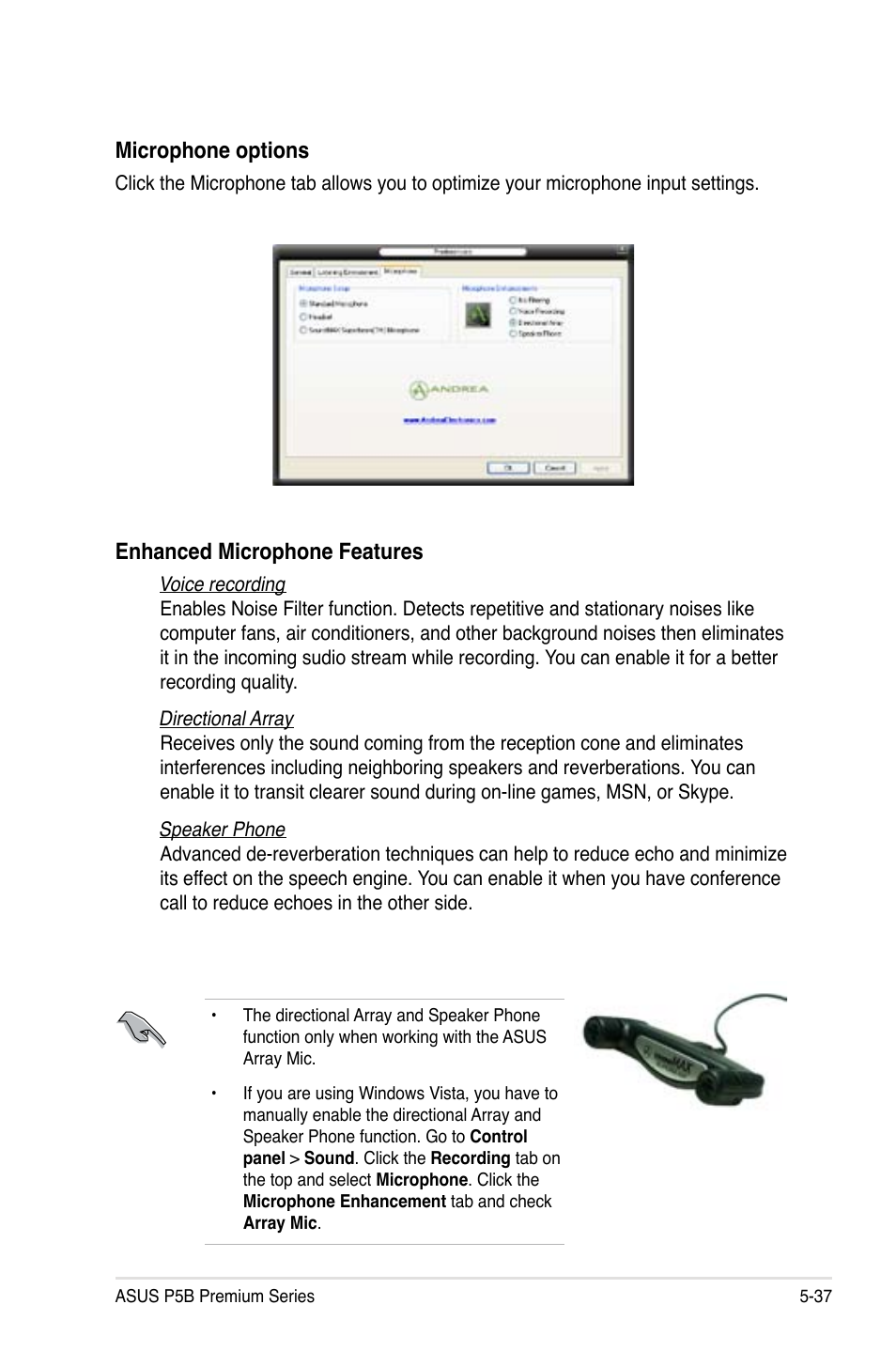 Microphone options, Enhanced microphone features | Asus P5B User Manual | Page 149 / 188