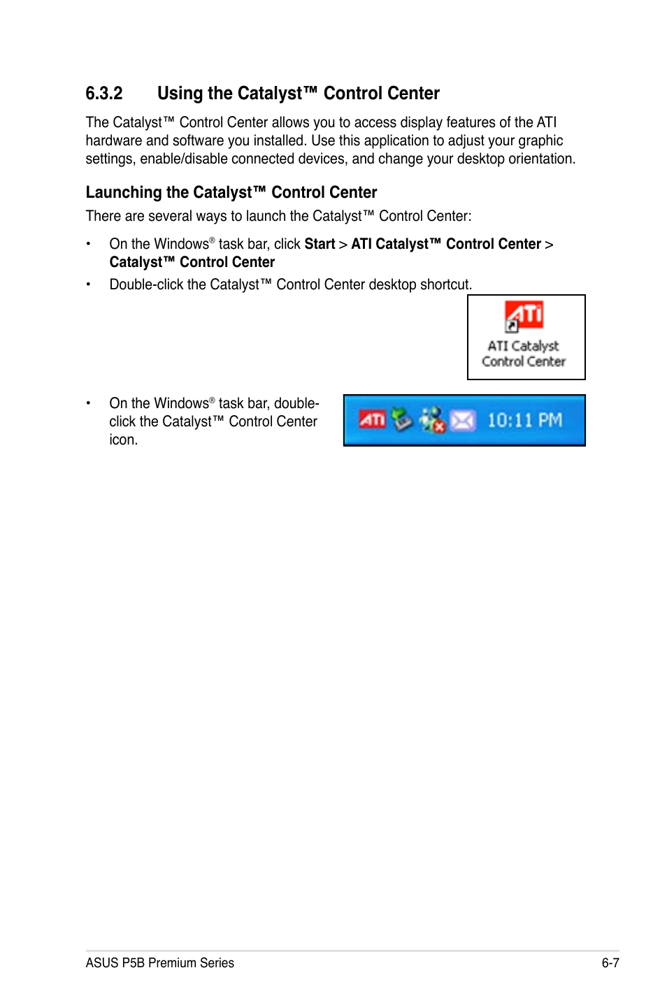 2 using the catalyst™ control center, Launching the catalyst™ control center | Asus P5B User Manual | Page 177 / 188