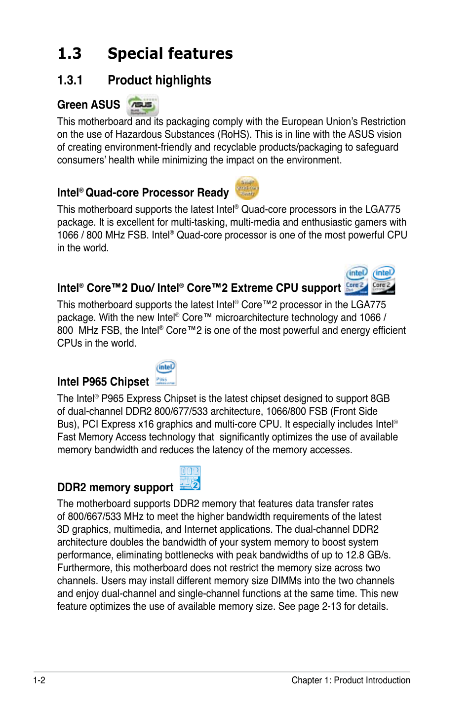 3 special features, 1 product highlights | Asus P5B User Manual | Page 18 / 188