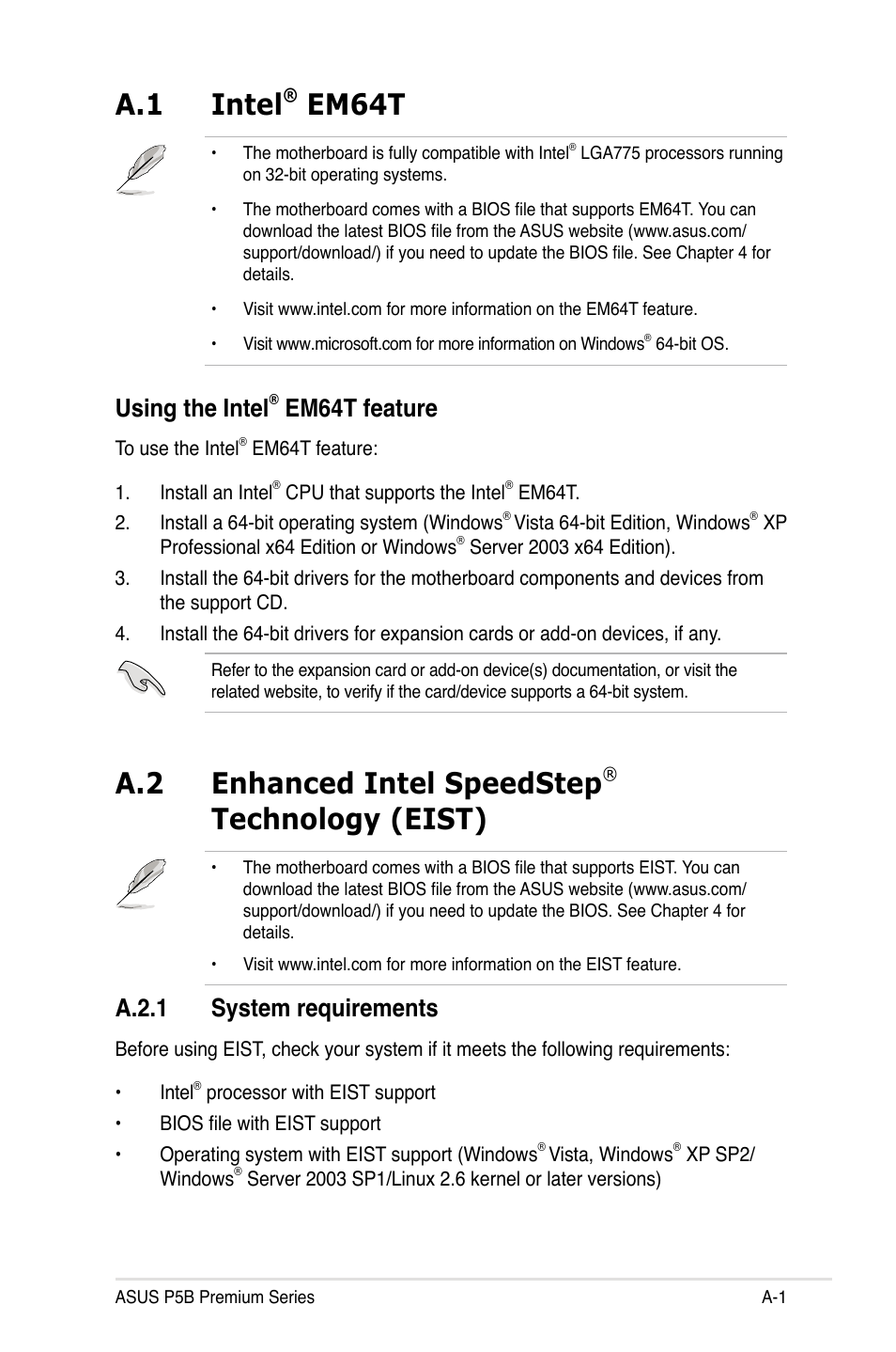 A.1 intel, Em64t, A.2 enhanced intel speedstep | Technology (eist), Using the intel, Em64t feature, A.2.1 system requirements | Asus P5B User Manual | Page 185 / 188