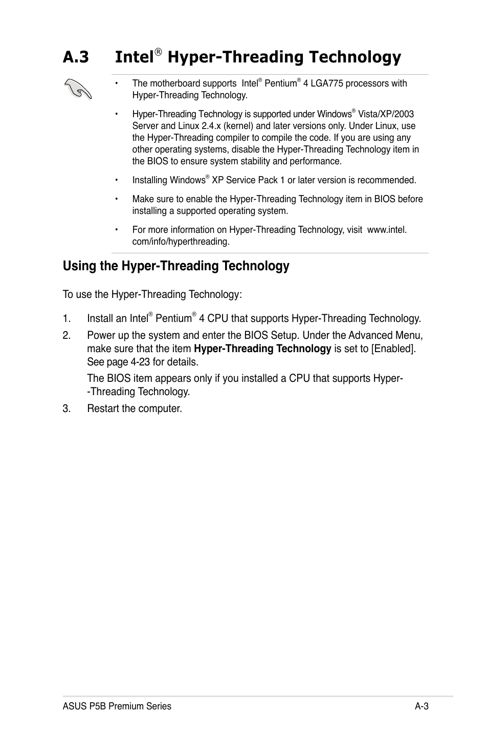 A.3 intel, Hyper-threading technology, Using the hyper-threading technology | Asus P5B User Manual | Page 187 / 188