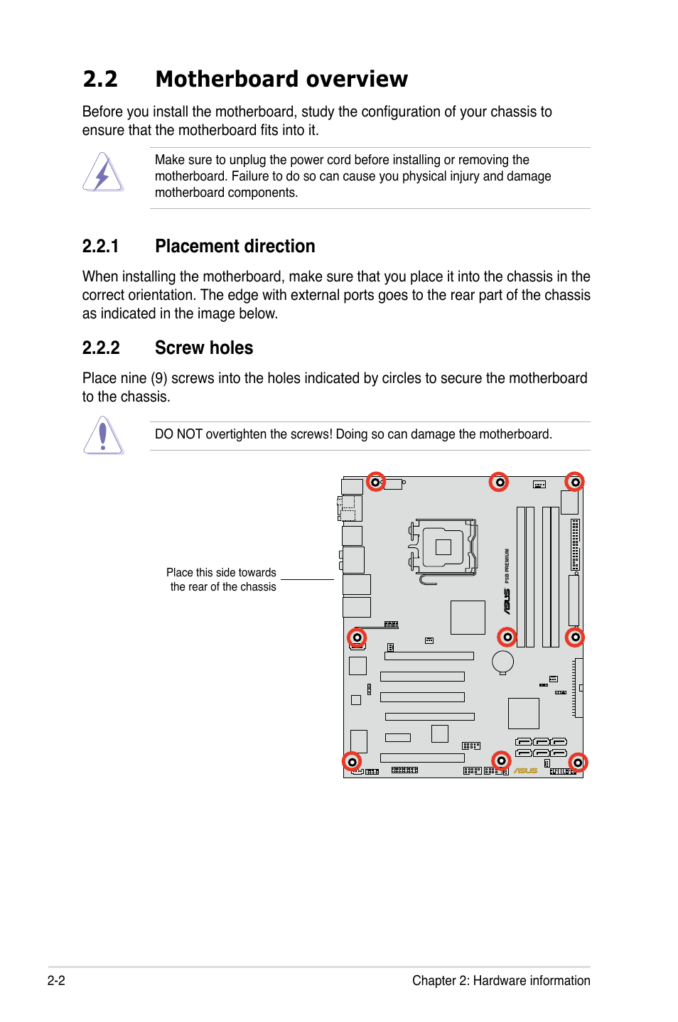 2 motherboard overview, 1 placement direction, 2 screw holes | Asus P5B User Manual | Page 30 / 188