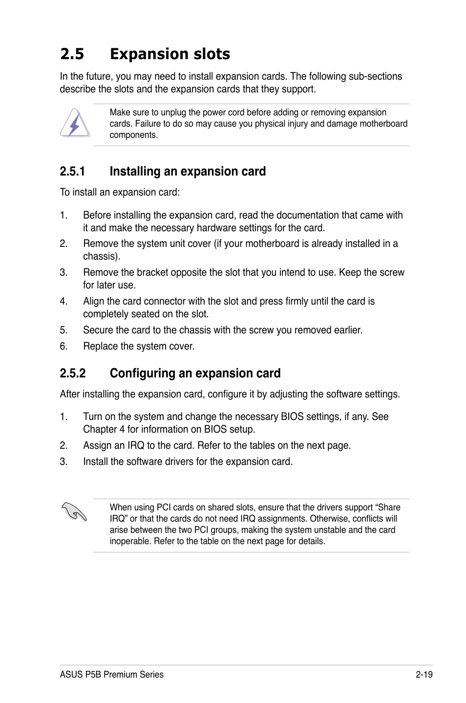 5 expansion slots, 1 installing an expansion card, 2 configuring an expansion card | Asus P5B User Manual | Page 47 / 188