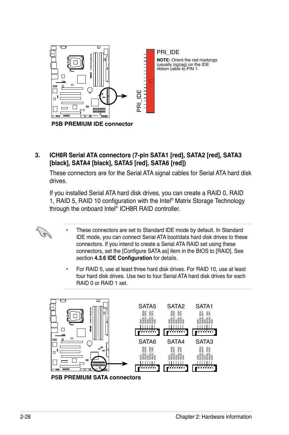 Ich8r raid controller, 28 chapter 2: hardware information, P5b premium ide connector pri_ide | Pri_ide, P5b premium sata connectors sata1, Sata3, Sata4 sata2, Sata5 | Asus P5B User Manual | Page 56 / 188