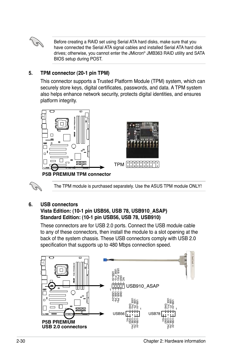 P5b premium tpm connector tpm, P5b premium usb 2.0 connectors, Usb910_asap | Asus P5B User Manual | Page 58 / 188