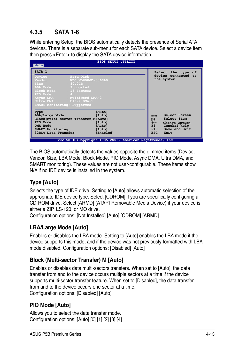 5 sata 1-6, Type [auto, Lba/large mode [auto | Block (multi-sector transfer) m [auto, Pio mode [auto | Asus P5B User Manual | Page 85 / 188