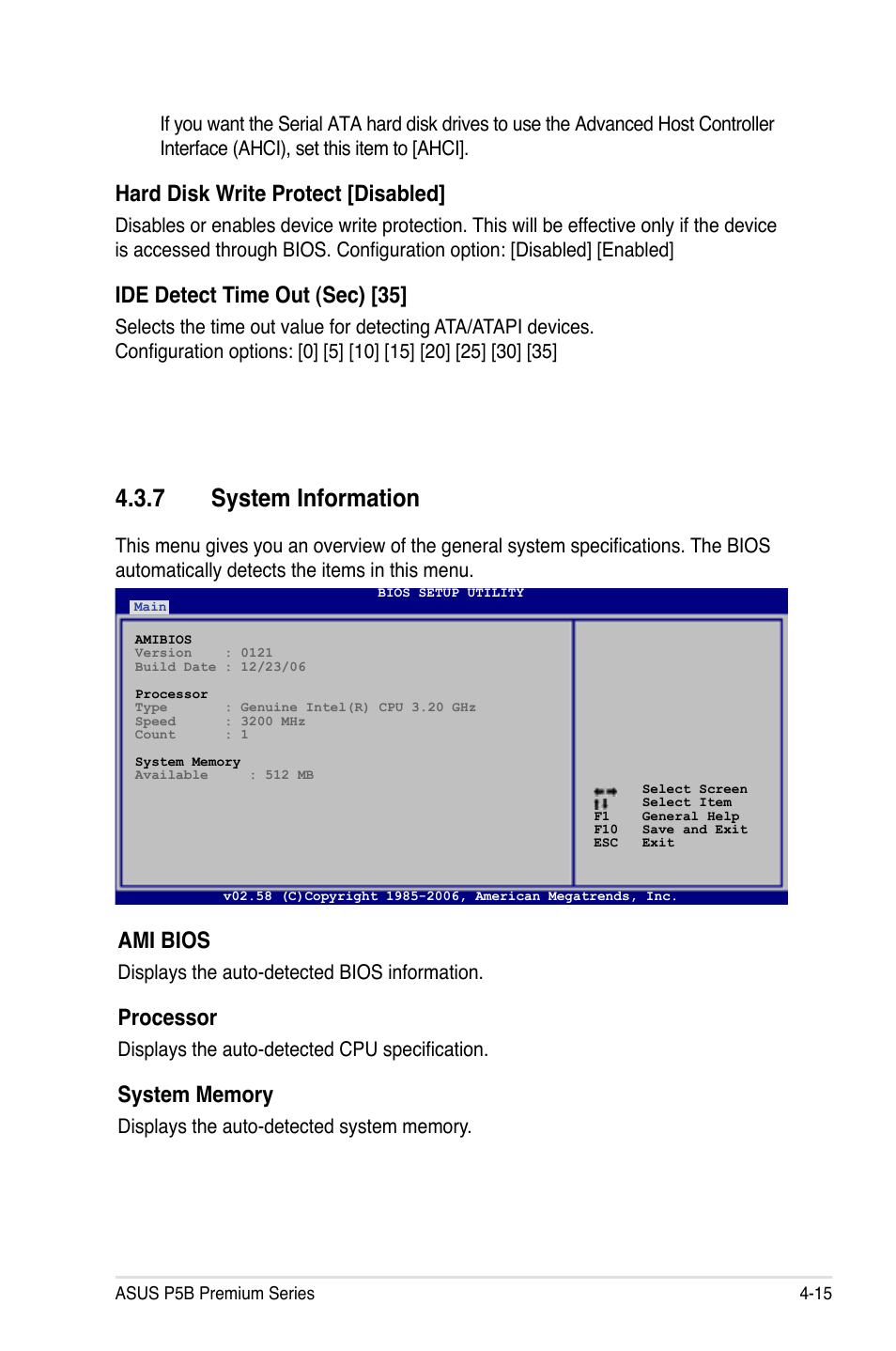 7 system information, Ami bios, Processor | Hard disk write protect [disabled, Ide detect time out (sec) [35 | Asus P5B User Manual | Page 87 / 188