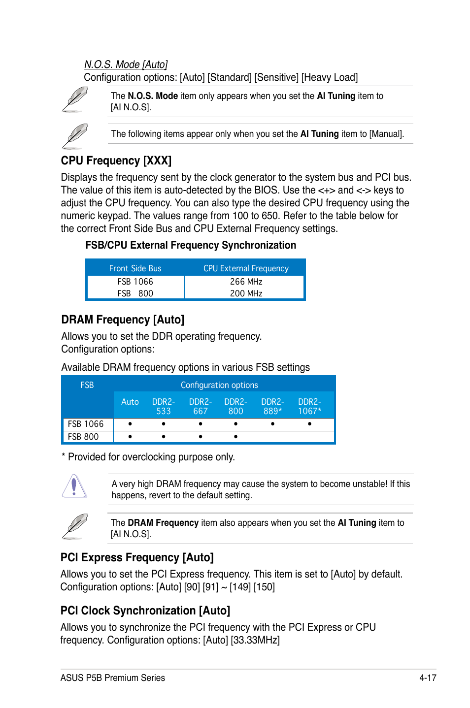 Cpu frequency [xxx, Dram frequency [auto, Pci express frequency [auto | Pci clock synchronization [auto | Asus P5B User Manual | Page 89 / 188