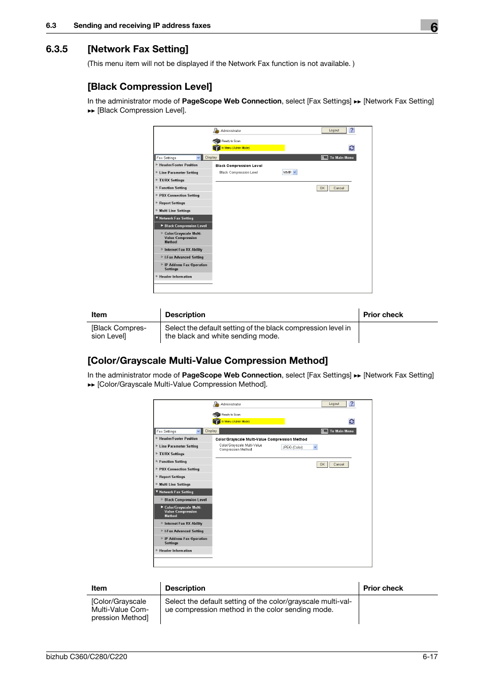 5 [network fax setting, Black compression level, Color/grayscale multi-value compression method | Network fax setting | Konica Minolta BIZHUB C360 User Manual | Page 108 / 366