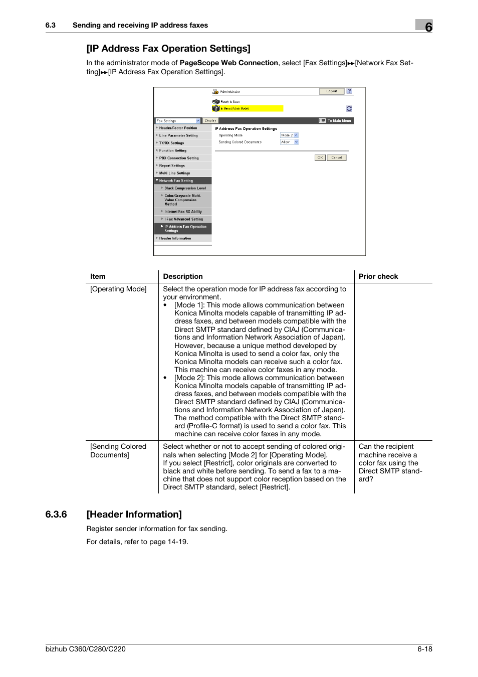 Ip address fax operation settings, 6 [header information, Ip address fax operation settings] -18 | Header information] -18, Header information | Konica Minolta BIZHUB C360 User Manual | Page 109 / 366