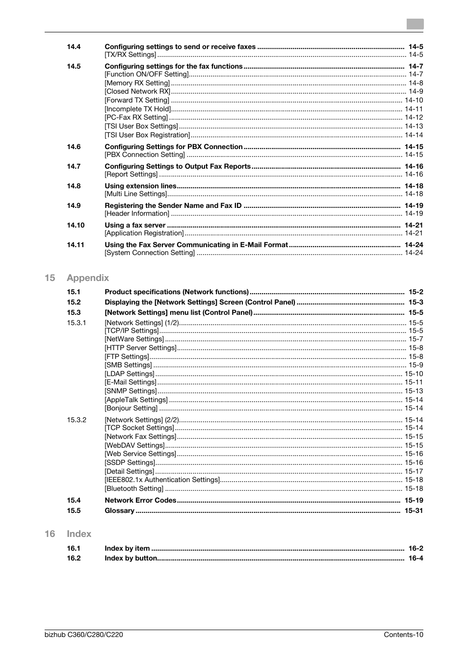 15 appendix, 16 index | Konica Minolta BIZHUB C360 User Manual | Page 11 / 366