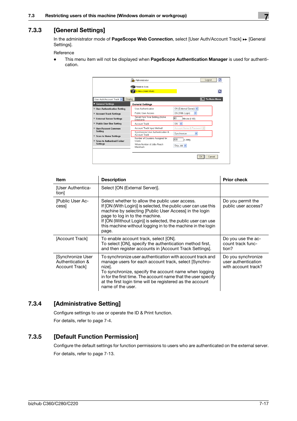 3 [general settings, 4 [administrative setting, 5 [default function permission | General settings] -17, Administrative setting] -17, Default function permission] -17, General settings, Administrative setting, Default function permis, Sion | Konica Minolta BIZHUB C360 User Manual | Page 126 / 366