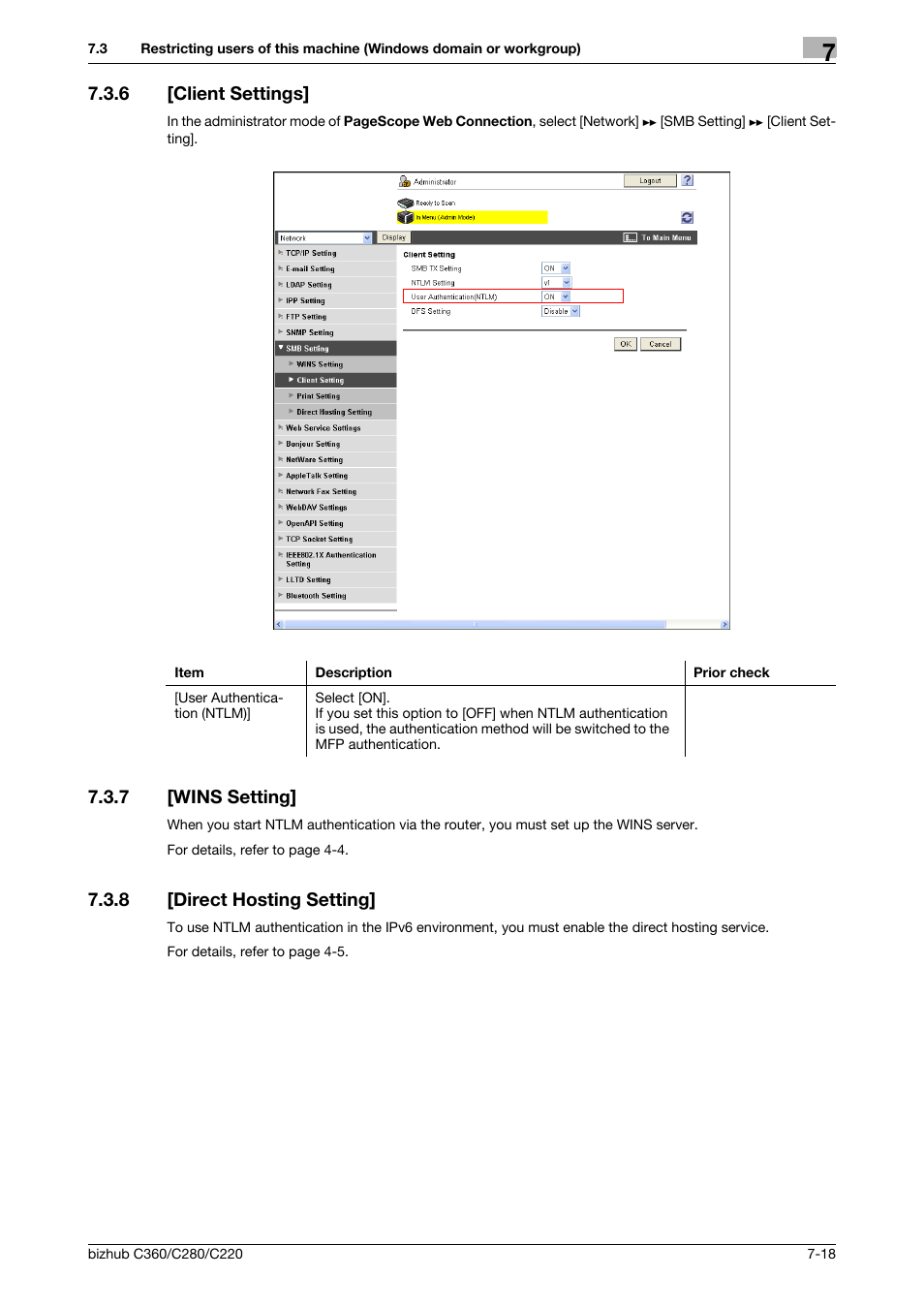 6 [client settings, 7 [wins setting, 8 [direct hosting setting | Client settings] -18, Wins setting] -18, Direct hosting setting] -18, Client settings, Direct hosting setting, Wins setting | Konica Minolta BIZHUB C360 User Manual | Page 127 / 366