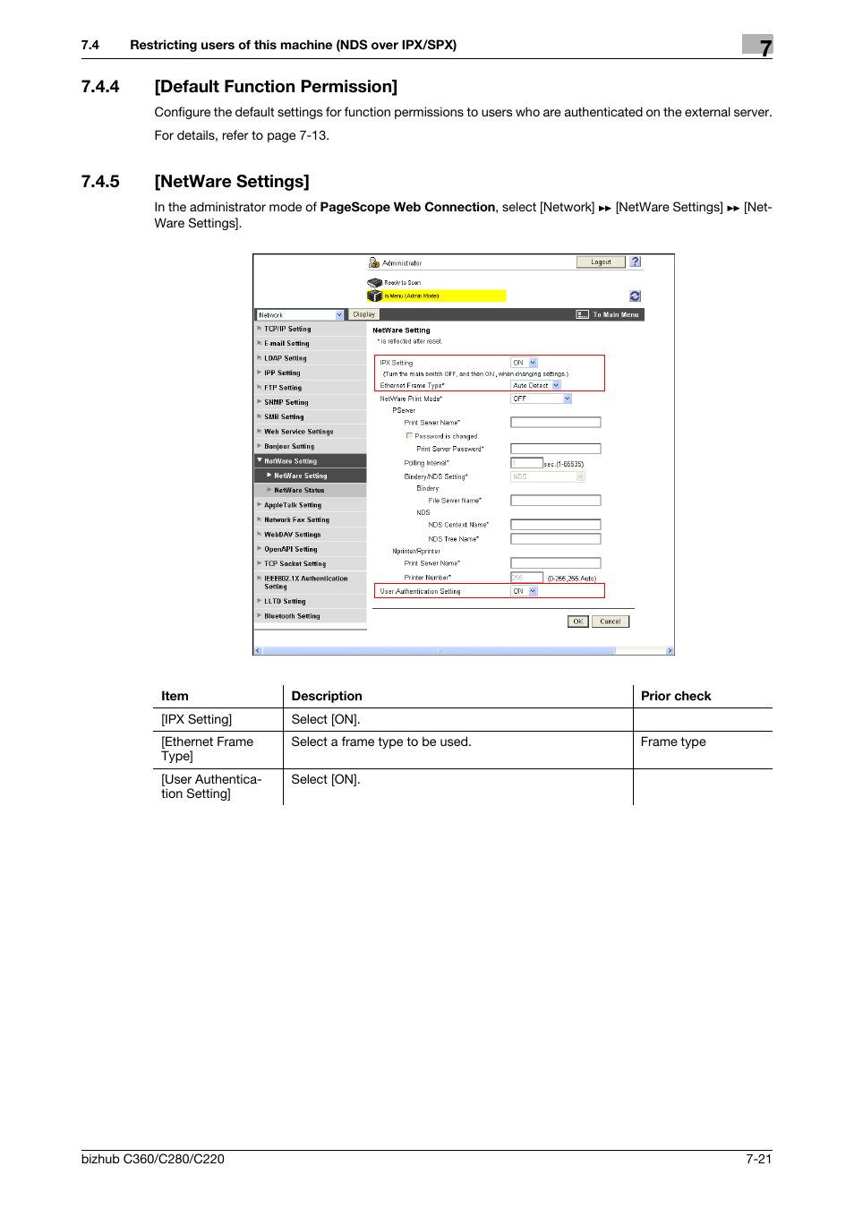 4 [default function permission, 5 [netware settings, Default function permission] -21 | Netware settings] -21, Default function permis, Sion, Netware settings | Konica Minolta BIZHUB C360 User Manual | Page 130 / 366