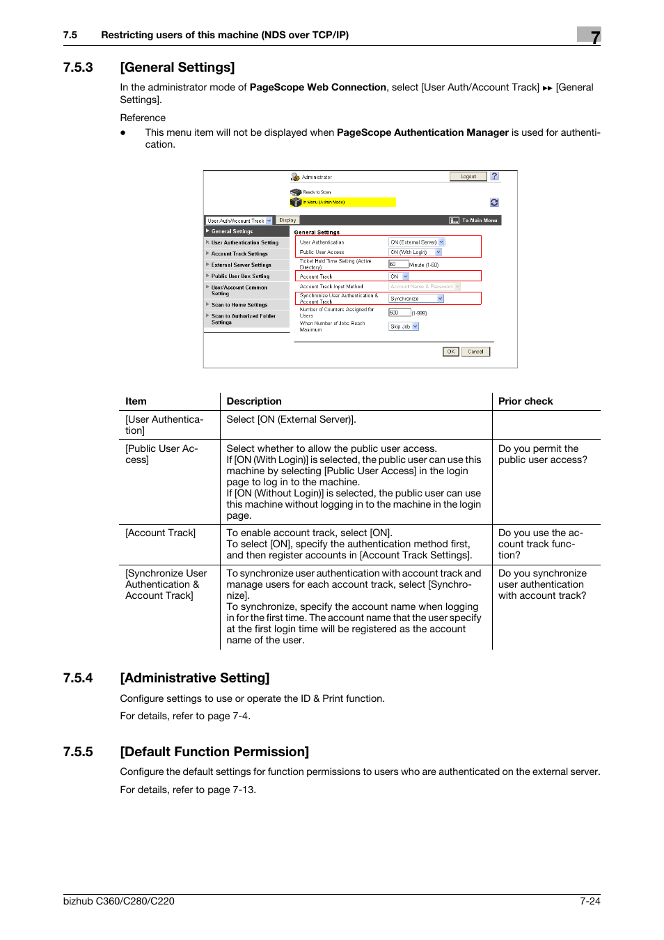 3 [general settings, 4 [administrative setting, 5 [default function permission | General settings] -24, Administrative setting] -24, Default function permission] -24, General settings, Administrative setting, Default function permis, Sion | Konica Minolta BIZHUB C360 User Manual | Page 133 / 366