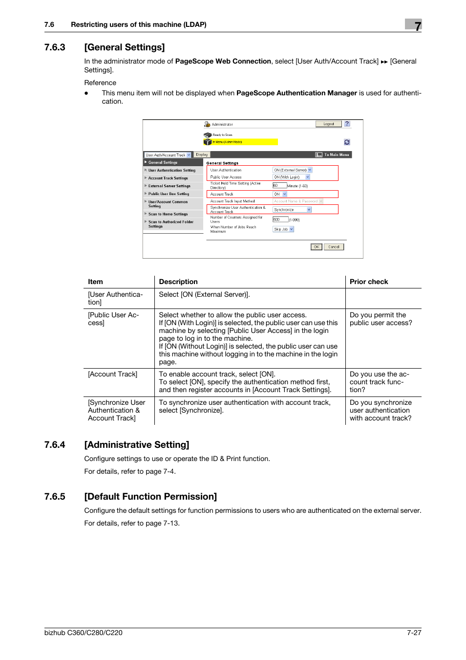 3 [general settings, 4 [administrative setting, 5 [default function permission | General settings] -27, Administrative setting] -27, Default function permission] -27, General settings, Administrative setting, Default function per, Mission | Konica Minolta BIZHUB C360 User Manual | Page 136 / 366