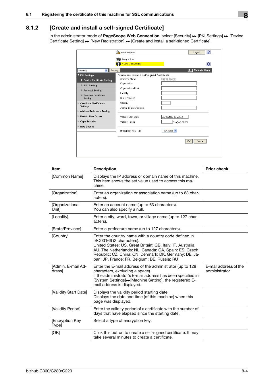 2 [create and install a self-signed certificate, Create and install a self-signed certificate] -4, Create and install a self | Signed certificate | Konica Minolta BIZHUB C360 User Manual | Page 142 / 366