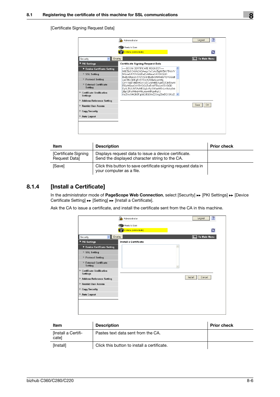 4 [install a certificate, Install a certificate] -6, Install a certificate | Konica Minolta BIZHUB C360 User Manual | Page 144 / 366