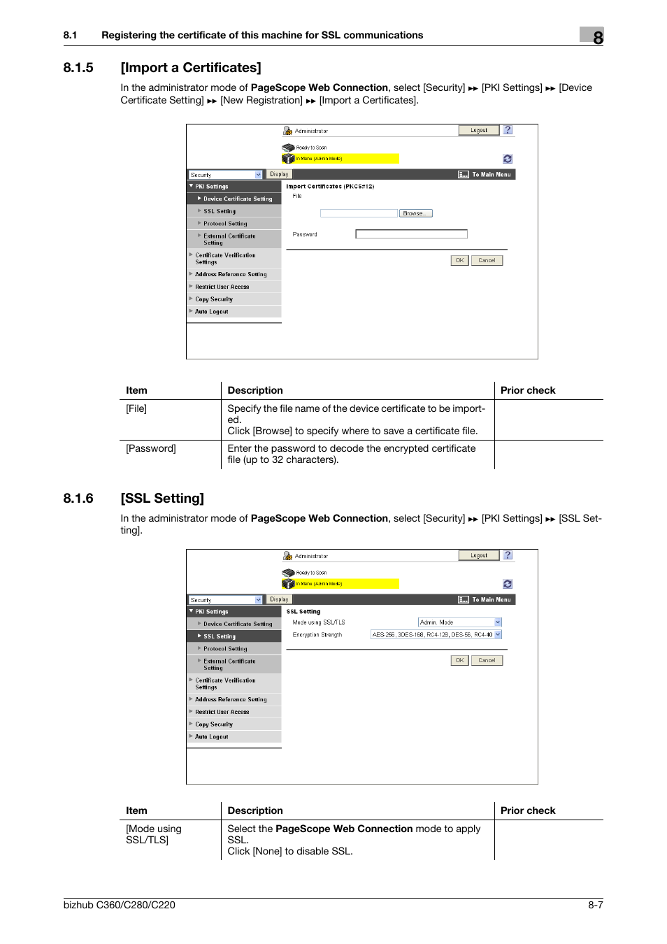 5 [import a certificates, 6 [ssl setting, Import a certificates] -7 | Ssl setting] -7, Import a certificates, Ssl setting | Konica Minolta BIZHUB C360 User Manual | Page 145 / 366