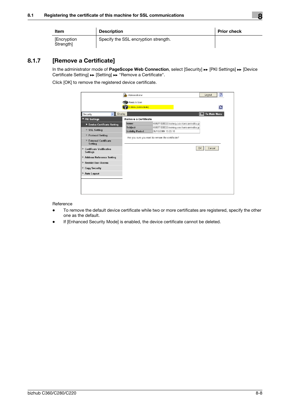 7 [remove a certificate, Remove a certificate] -8 | Konica Minolta BIZHUB C360 User Manual | Page 146 / 366