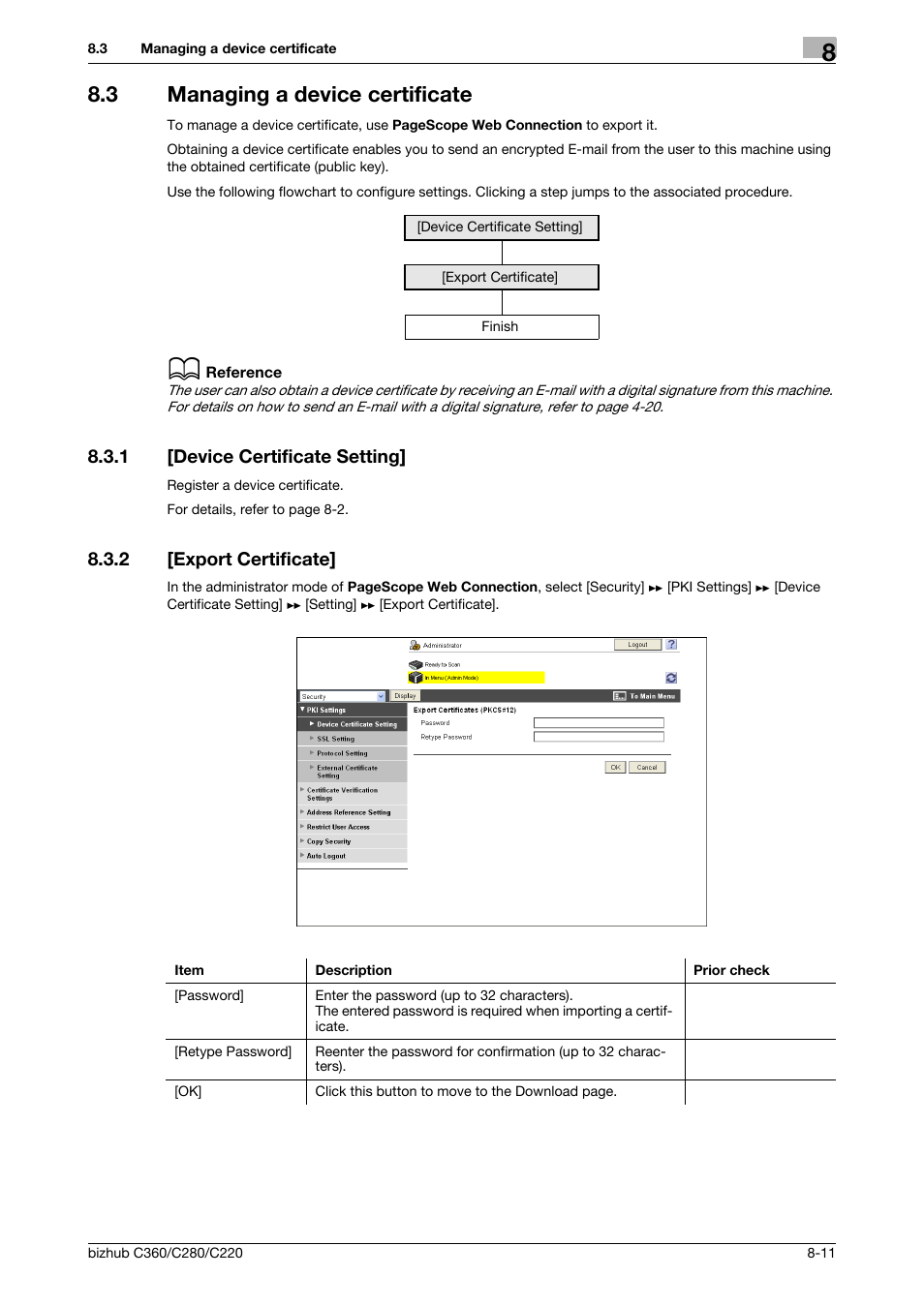 3 managing a device certificate, 1 [device certificate setting, 2 [export certificate | Managing a device certificate -11, Device certificate setting] -11, Export certificate] -11 | Konica Minolta BIZHUB C360 User Manual | Page 149 / 366