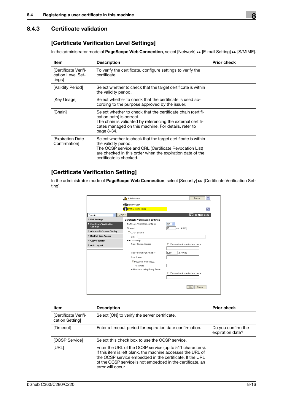 3 certificate validation, Certificate verification level settings, Certificate verification setting | Certificate validation | Konica Minolta BIZHUB C360 User Manual | Page 154 / 366