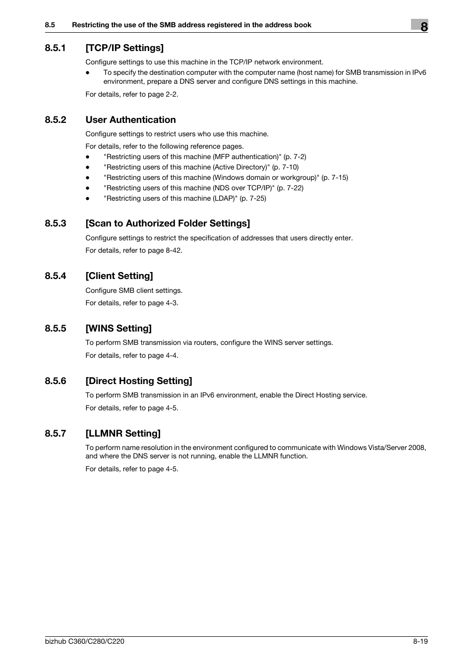 1 [tcp/ip settings, 2 user authentication, 3 [scan to authorized folder settings | 4 [client setting, 5 [wins setting, 6 [direct hosting setting, 7 [llmnr setting, Tcp/ip settings] -19, User authentication -19, Scan to authorized folder settings] -19 | Konica Minolta BIZHUB C360 User Manual | Page 157 / 366