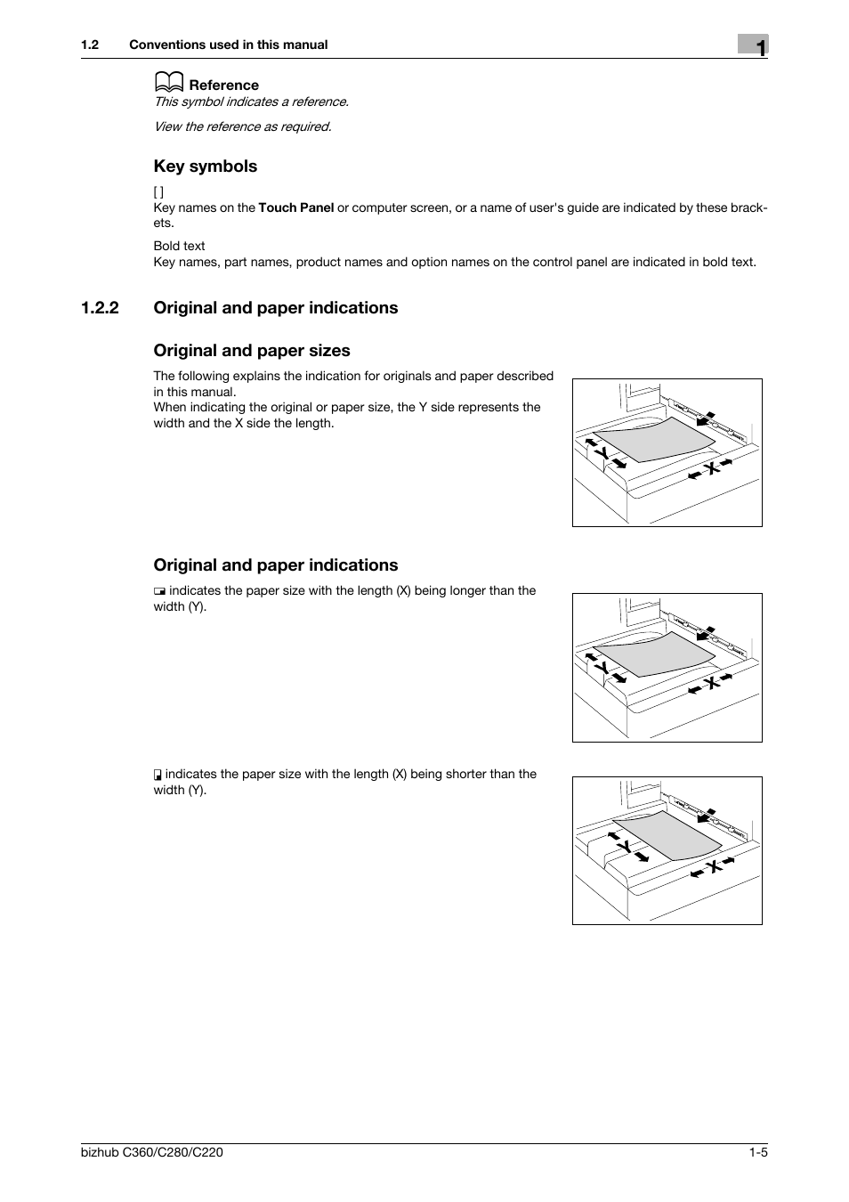 Key symbols, 2 original and paper indications, Original and paper sizes | Original and paper indications, Key symbols -5 | Konica Minolta BIZHUB C360 User Manual | Page 16 / 366