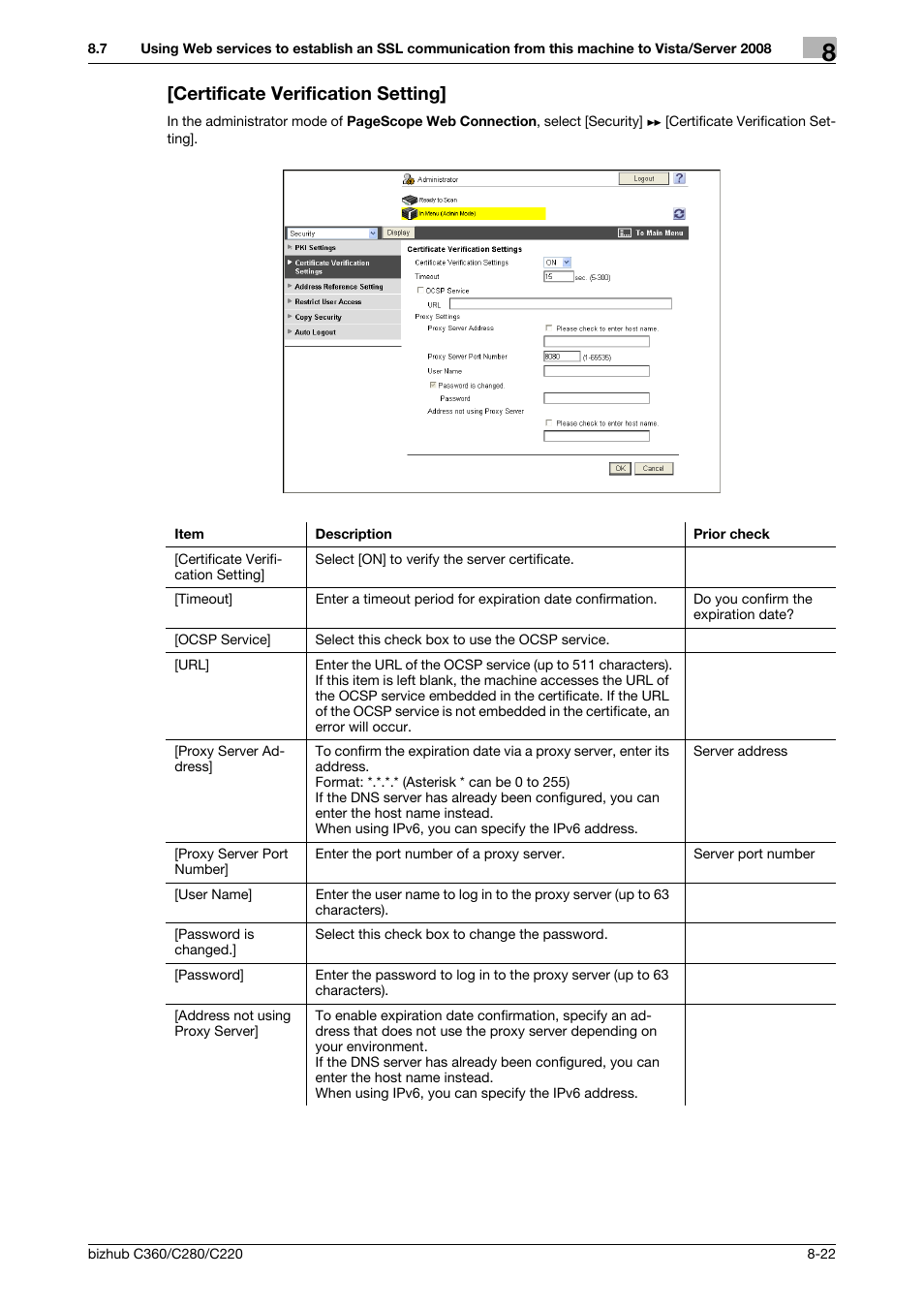Certificate verification setting, Certificate verification setting] -22 | Konica Minolta BIZHUB C360 User Manual | Page 160 / 366