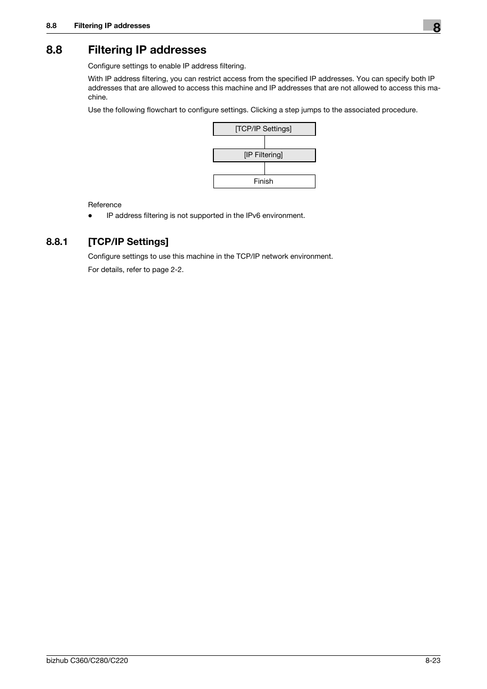 8 filtering ip addresses, 1 [tcp/ip settings, Filtering ip addresses -23 | Tcp/ip settings] -23 | Konica Minolta BIZHUB C360 User Manual | Page 161 / 366