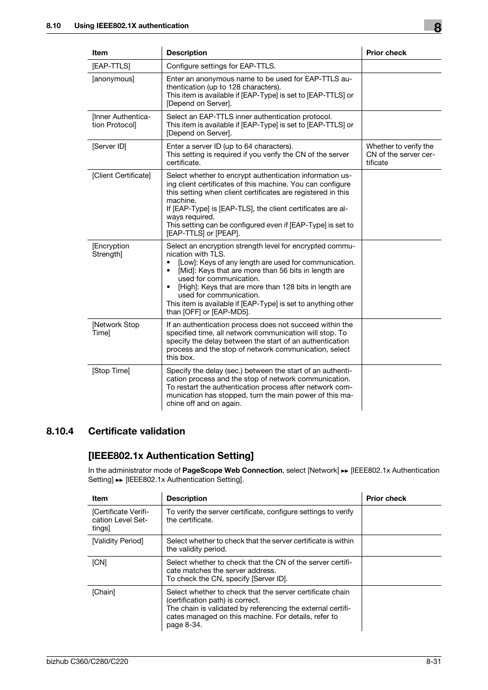 4 certificate validation, Ieee802.1x authentication setting, Certificate validation | Konica Minolta BIZHUB C360 User Manual | Page 169 / 366