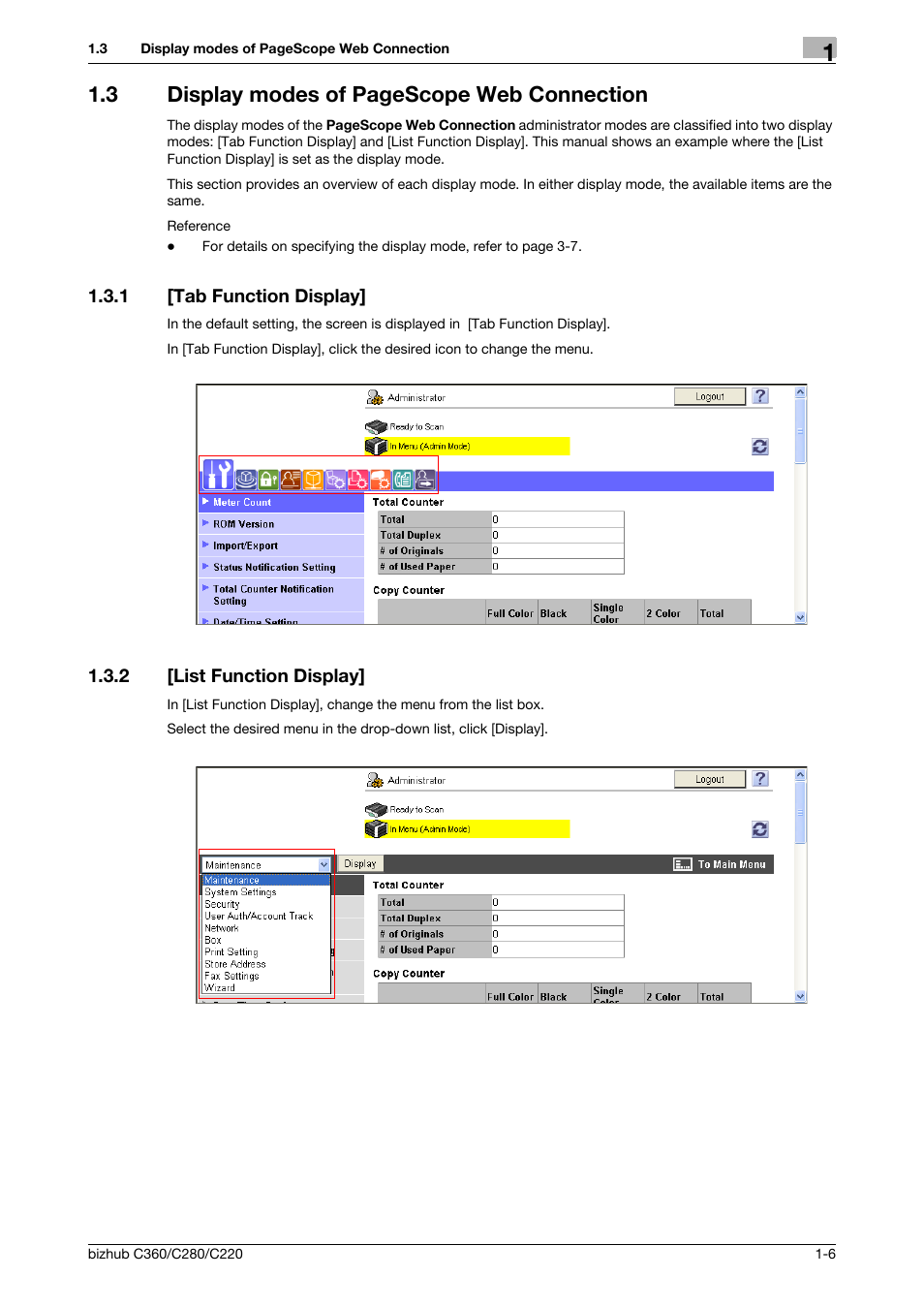 1 [tab function display, 2 [list function display, Tab function display] -6 | List function display] -6, 3 display modes of pagescope web connection | Konica Minolta BIZHUB C360 User Manual | Page 17 / 366