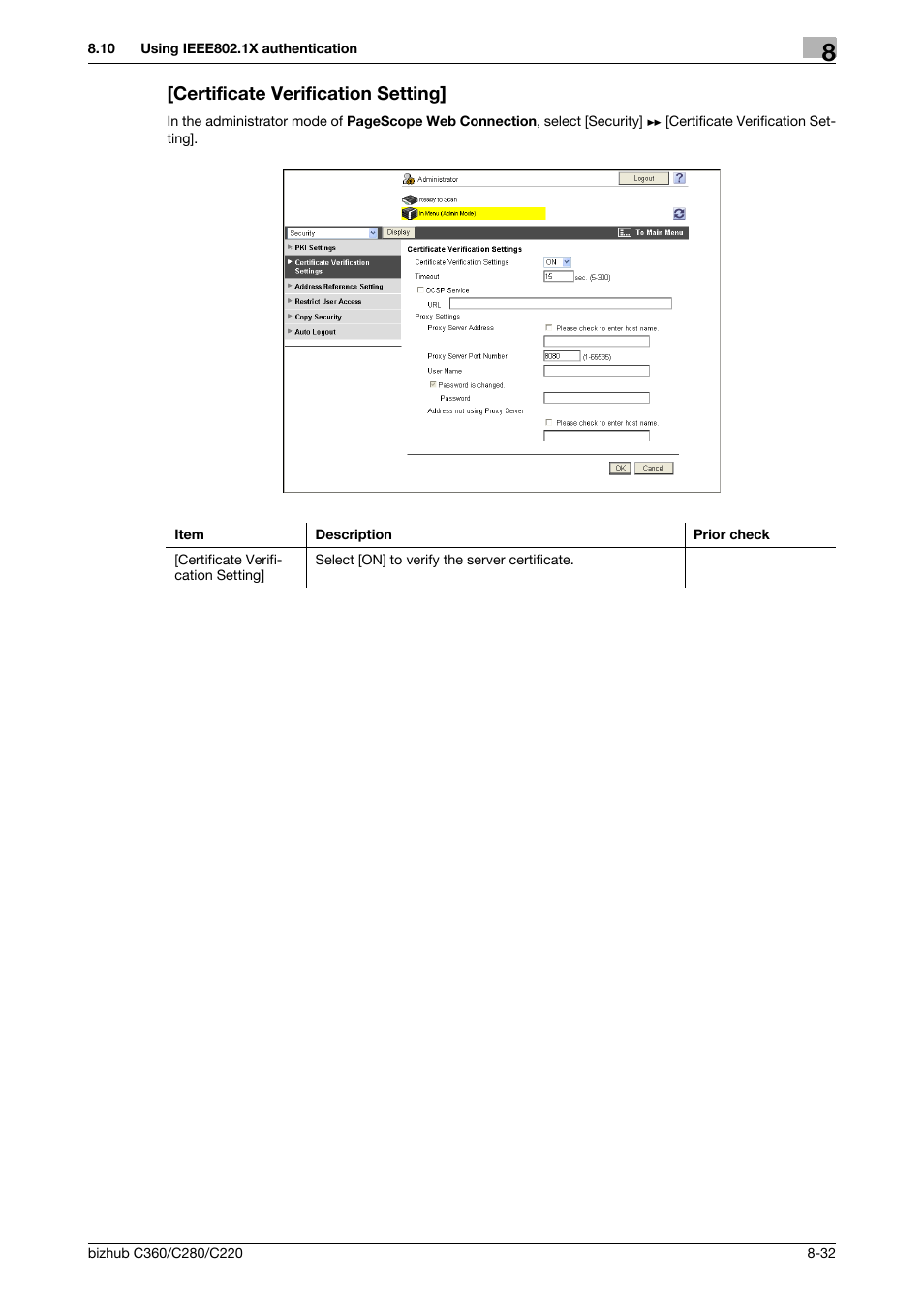 Certificate verification setting, Certificate verification setting] -32 | Konica Minolta BIZHUB C360 User Manual | Page 170 / 366