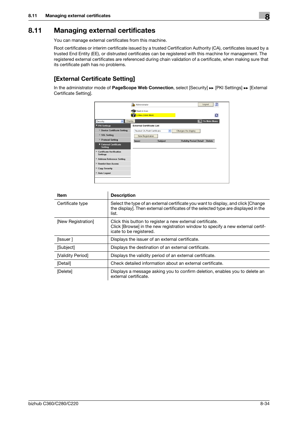 11 managing external certificates, External certificate setting | Konica Minolta BIZHUB C360 User Manual | Page 172 / 366