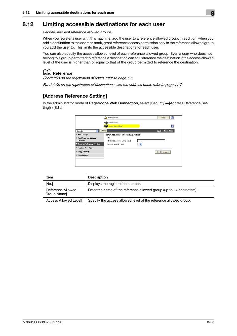 12 limiting accessible destinations for each user, Address reference setting | Konica Minolta BIZHUB C360 User Manual | Page 174 / 366