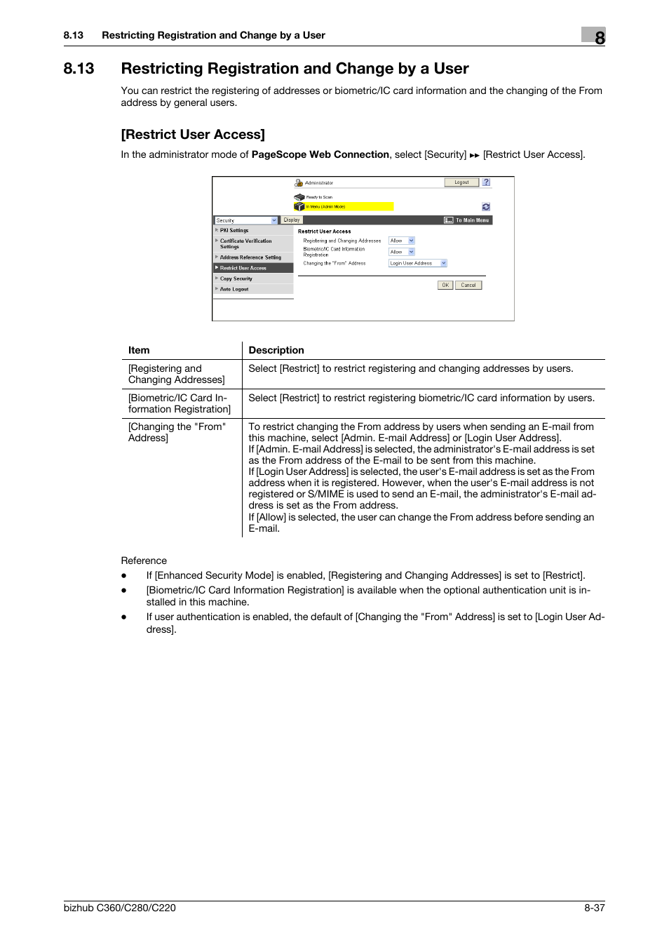 13 restricting registration and change by a user, Restrict user access | Konica Minolta BIZHUB C360 User Manual | Page 175 / 366