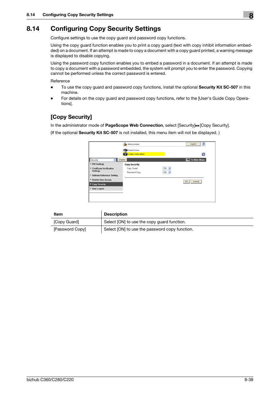 14 configuring copy security settings, Copy security | Konica Minolta BIZHUB C360 User Manual | Page 176 / 366