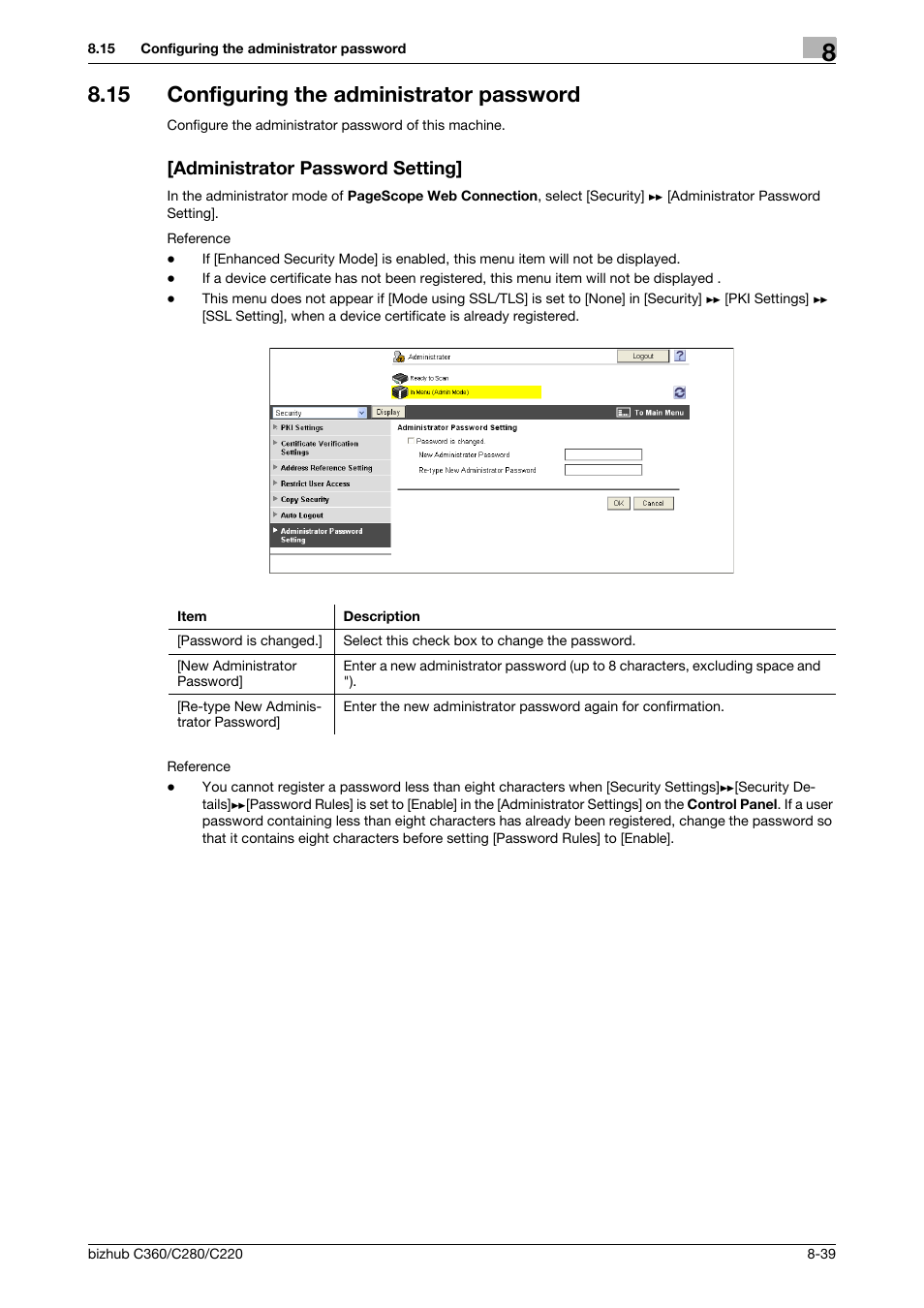 15 configuring the administrator password, Administrator password setting | Konica Minolta BIZHUB C360 User Manual | Page 177 / 366