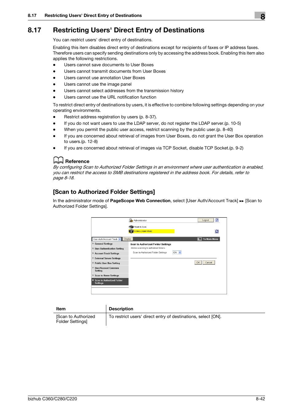 17 restricting users' direct entry of destinations, Scan to authorized folder settings | Konica Minolta BIZHUB C360 User Manual | Page 180 / 366