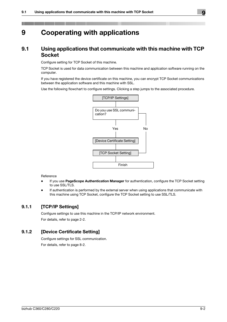 9 cooperating with applications, 1 [tcp/ip settings, 2 [device certificate setting | Cooperating with applications, Tcp/ip settings] -2, Device certificate setting] -2, P. 9-2, 9cooperating with applications | Konica Minolta BIZHUB C360 User Manual | Page 182 / 366