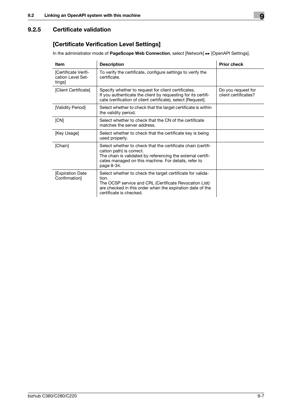 5 certificate validation, Certificate verification level settings, Certificate validation | Konica Minolta BIZHUB C360 User Manual | Page 187 / 366