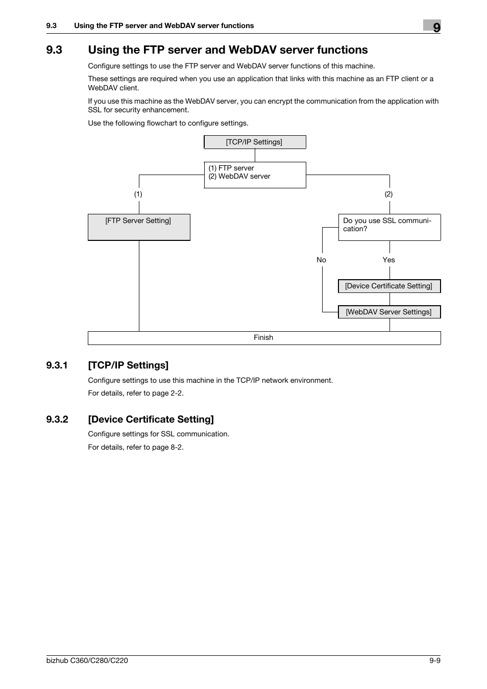 3 using the ftp server and webdav server functions, 1 [tcp/ip settings, 2 [device certificate setting | Tcp/ip settings] -9, Device certificate setting] -9, Using the ftp server and webdav server functions, P. 9-9) | Konica Minolta BIZHUB C360 User Manual | Page 189 / 366