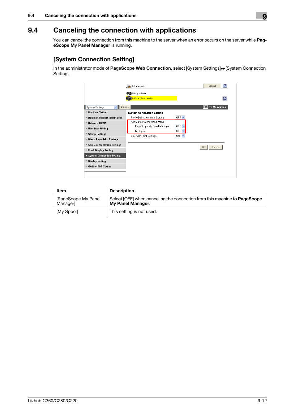 4 canceling the connection with applications, System connection setting | Konica Minolta BIZHUB C360 User Manual | Page 192 / 366